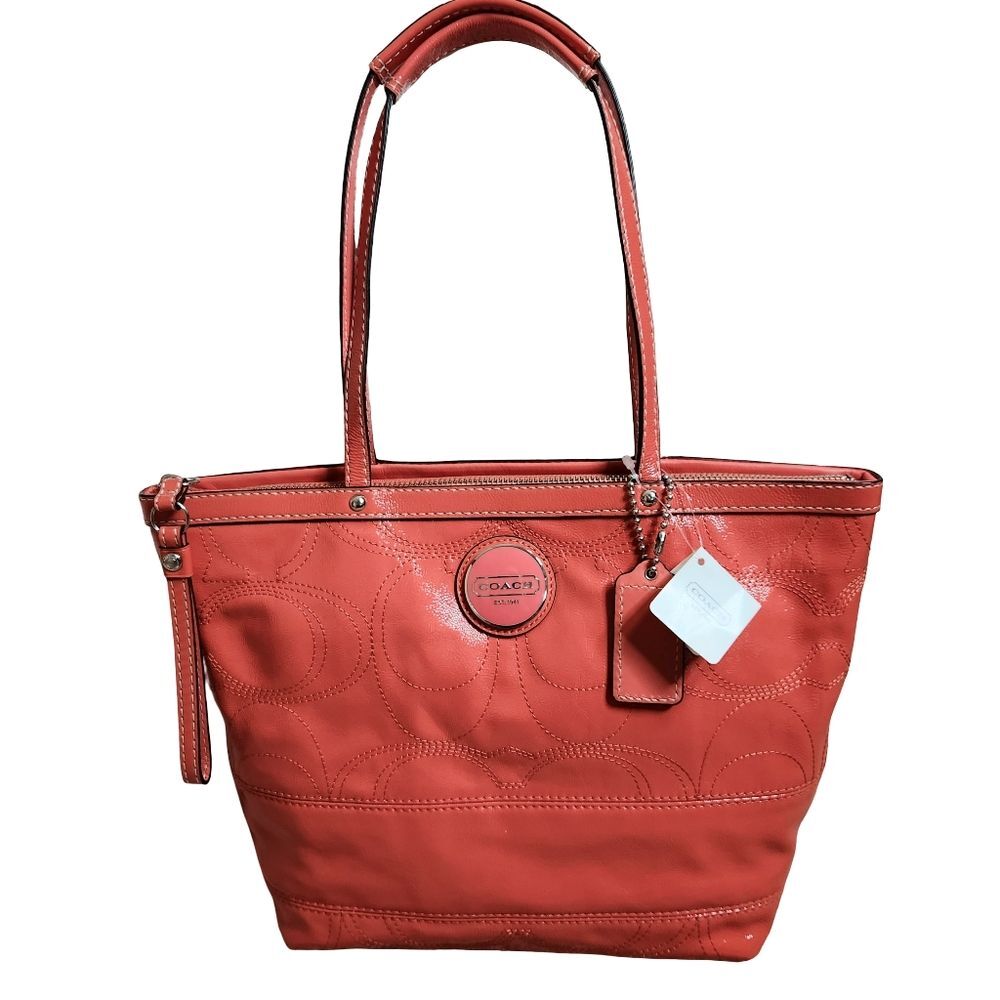 Vintage Coach Signature Stitch Y2K Op Art Patent Leather Tote Mango Coral F15142